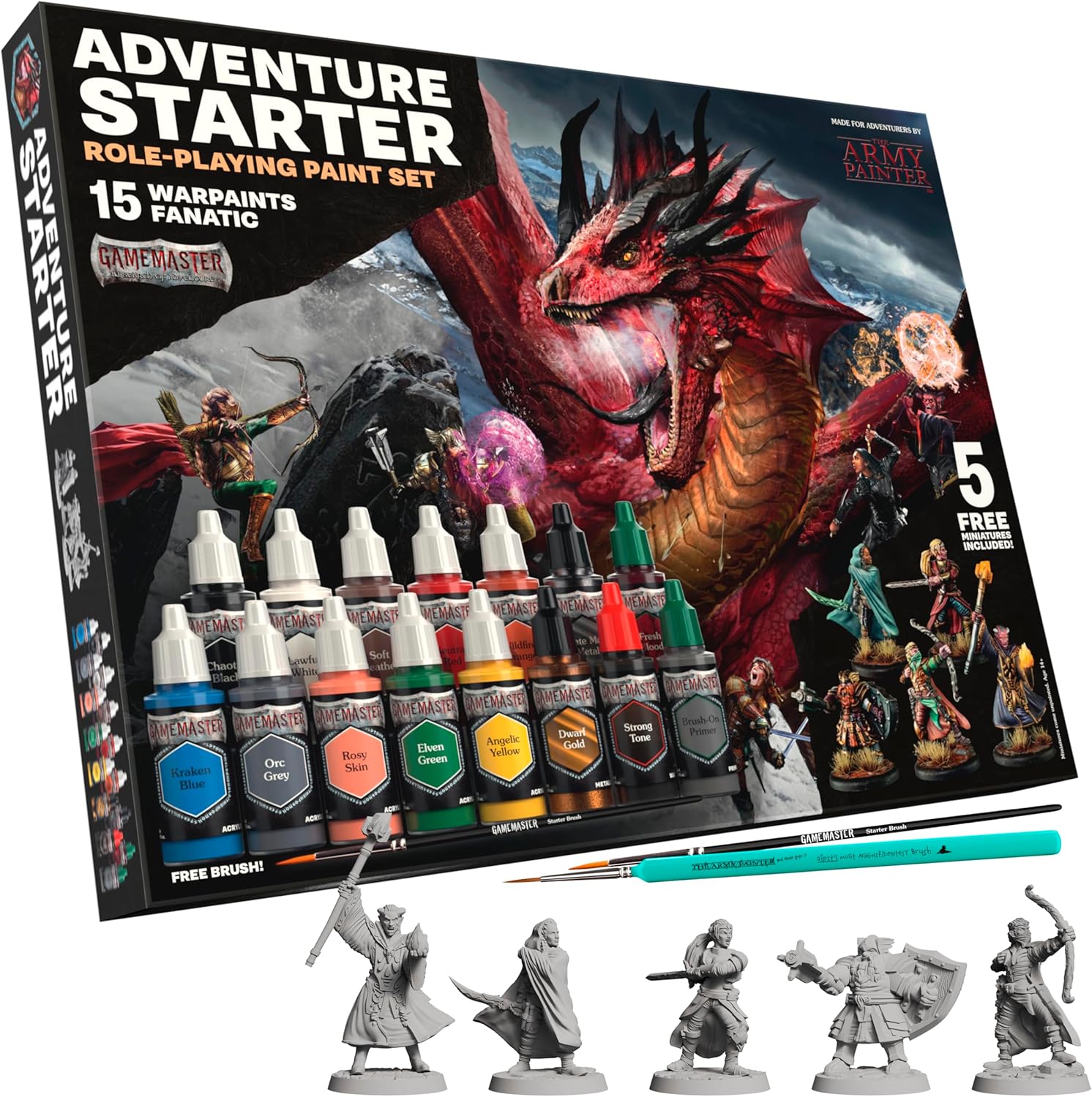 Army Painter GameMaster: Adventure Starter RPG Paint Set Combo (15 paints + Primer + 5 Miniatures + 2 Brushes)