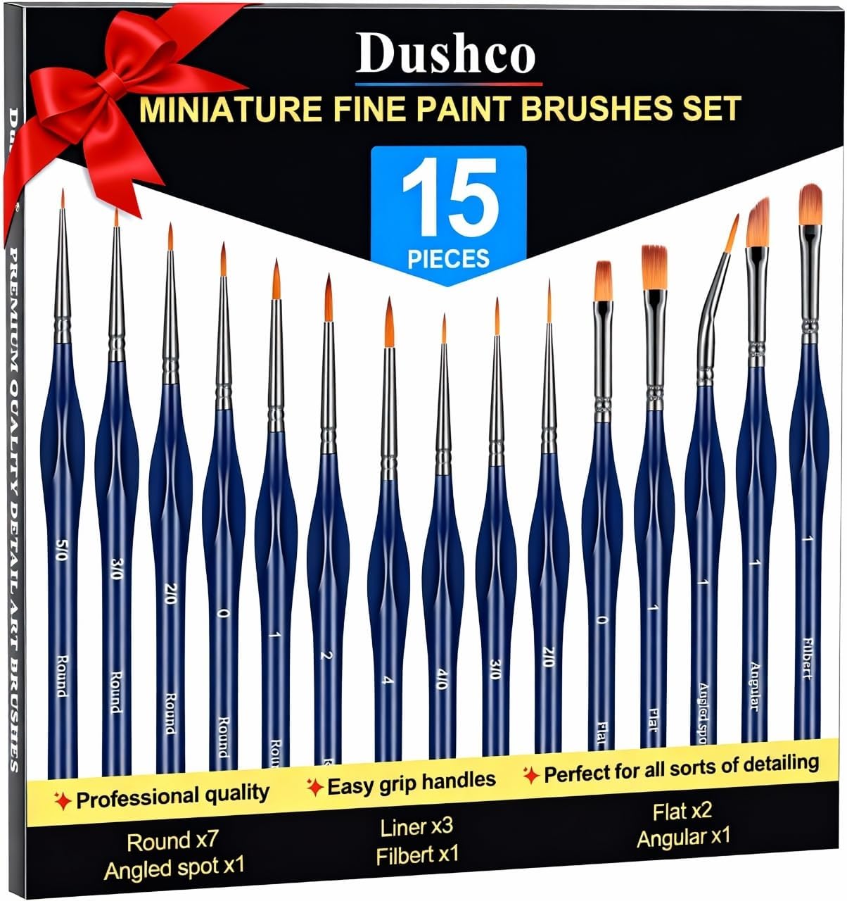 Dushco Detail Paint Brushes Set - 15pcs Miniature Paint Brushes, Art Painting for Acrylic Watercolor Gouache Oil & Face Painting, Models, Craft, Figurine and Paint by Number Kit for Adults