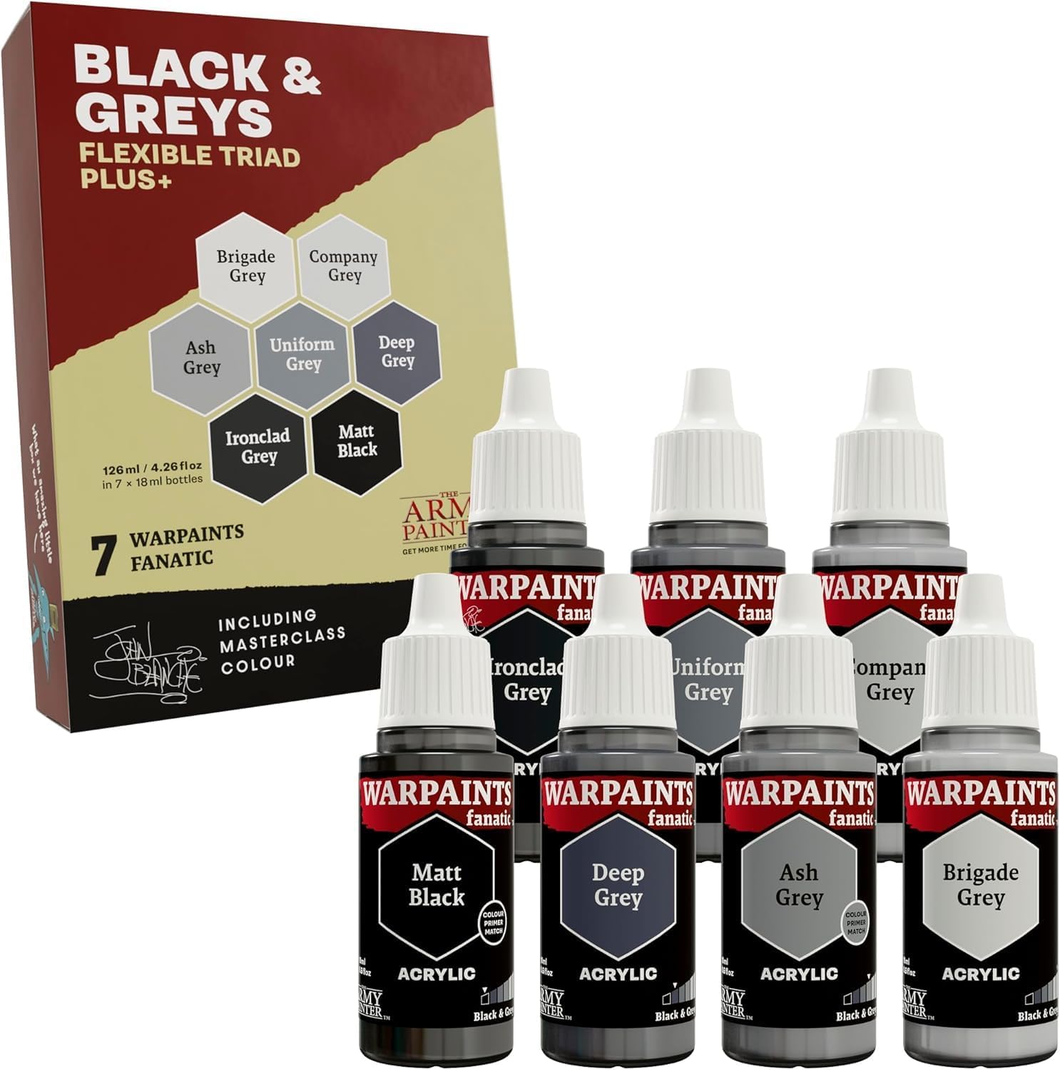 The Army Painter, Warpaints Flexible Triad PLUS+: Black & Greys, 7 x 18 ml acrylic paints