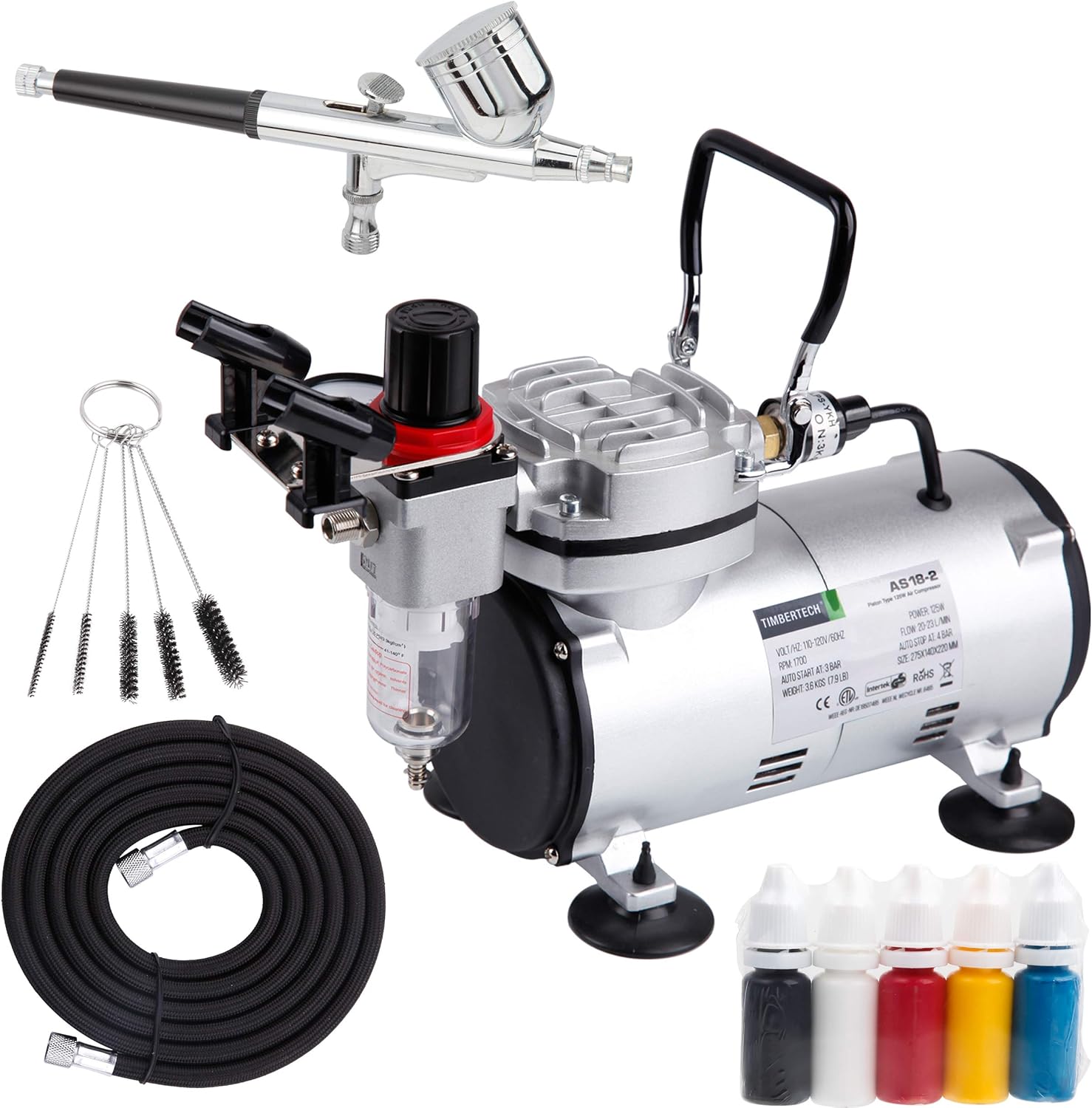 Timbertech Airbrush Kit With Compressor AS18-2K Basic Start Kit With Air Hose, Cleaning Brushes, and Test Paints for Hobby, Model Painting
