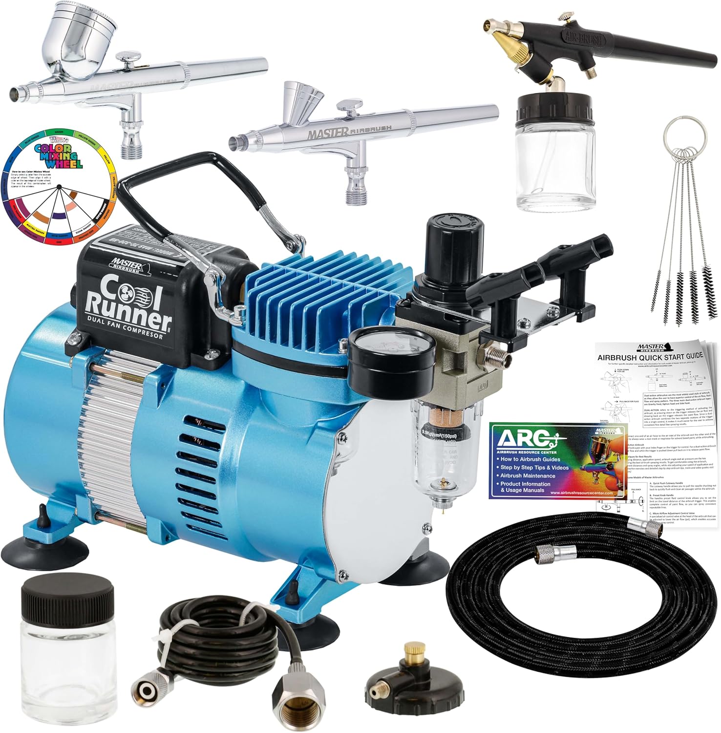 Master Airbrush Cool Runner II Airbrush Kit with Dual Fan Air Compressor, 3 Airbrushes, Cleaning Brushes, Holder, Color Mixing Wheel, Gravity & Siphon Feed